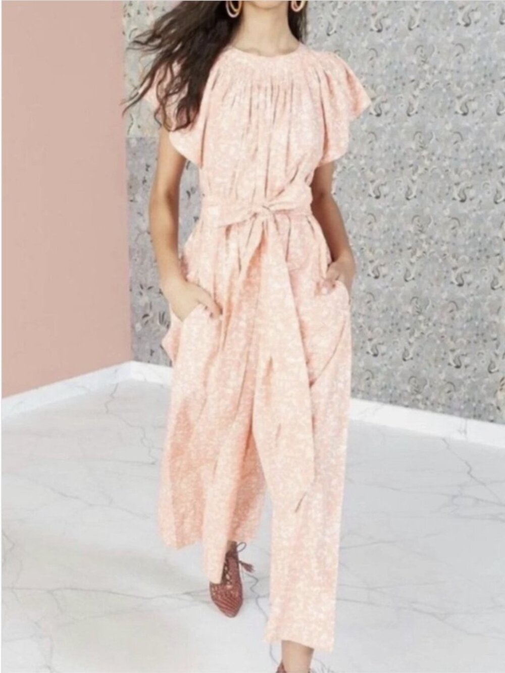 Ulla Johnson Coralie Blush Batik  Cotton Jumpsuit Pockets Belted